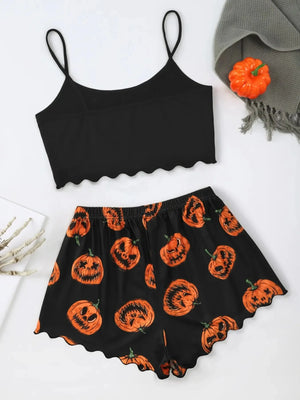 Halloween Devil Pumpkin Print Pajamas Set Women Short Sleeve Tops and Shorts Set Home Clothes Sleepwear Nightwear — view 2