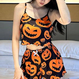 Sexy Halloween Pajamas Pumpkin Print Pajama Sets Suspender 2-piece Sleepwear Set Women's Pajamas European and American Home Wear — view 5
