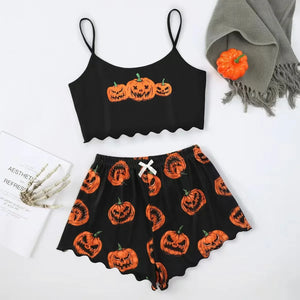 Halloween Devil Pumpkin Print Pajamas Set Women Short Sleeve Tops and Shorts Set Home Clothes Sleepwear Nightwear — view 1