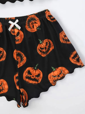 Halloween Devil Pumpkin Print Pajamas Set Women Short Sleeve Tops and Shorts Set Home Clothes Sleepwear Nightwear — view 3