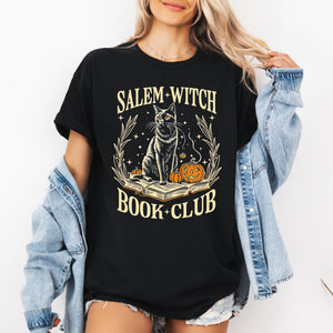 Salem Book Club Cat Retro Classic Vintage Halloween Reading Books Witchy Favorites Collection Graphic Tee — view 1