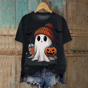 Cute Printed Halloween Shirt For Women Funny Crew Neck Short Sleeve Clothes Top Tee Shirts Halloween Cosplay Tops Humor T-Shirt — view 1