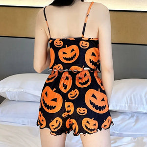 Sexy Halloween Pajamas Pumpkin Print Pajama Sets Suspender 2-piece Sleepwear Set Women's Pajamas European and American Home Wear — view 2