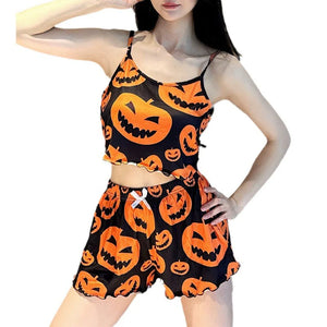 Sexy Halloween Pajamas Pumpkin Print Pajama Sets Suspender 2-piece Sleepwear Set Women's Pajamas European and American Home Wear — view 8