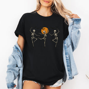 Skeleton Dancers Halloween Themed Spooky Dance Illustration With Playful Grinning Skulls Graphic Tee — view 3