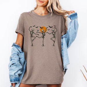 Skeleton Dancers Halloween Themed Spooky Dance Illustration With Playful Grinning Skulls Graphic Tee — view 4