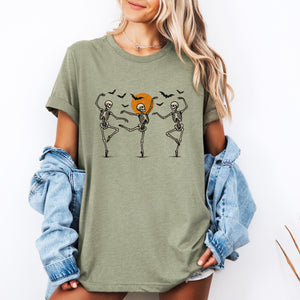 Skeleton Dancers Halloween Themed Spooky Dance Illustration With Playful Grinning Skulls Graphic Tee — view 2