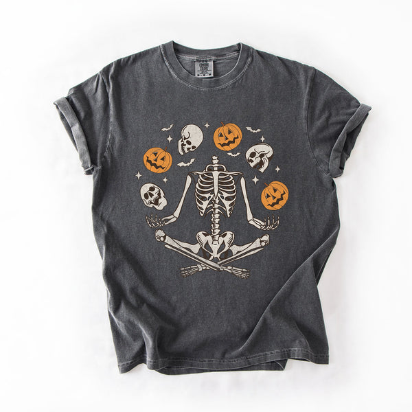 Skeleton Juggling Halloween Jack O Lantern Artwork Featuring Retro Vibes Comfort Colors Tee