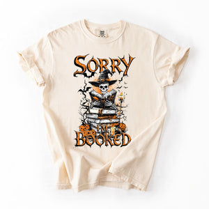 Sorry I'm Booked Skeleton Halloween Library Reading Edition Exclusive Comfort Colors Tee — view 1