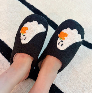 Spooky Ghost Cozy Slippers – Soft Black Slippers with Cute Ghost and Pumpkin Embroidery — view 2