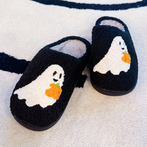 Spooky Ghost Cozy Slippers – Soft Black Slippers with Cute Ghost and Pumpkin Embroidery — view 3