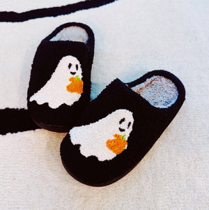 Spooky Ghost Cozy Slippers – Soft Black Slippers with Cute Ghost and Pumpkin Embroidery — view 1