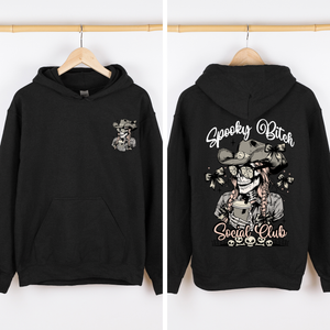 Spooky Bitch Social Club Skeleton Coquette Halloween Retro Goth Vintage Noir Graphic Hoodie — view 1