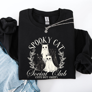 Spooky Cat Social Club Halloween Ghosts Witch Cozy Fleece Printed Graphic Premium Comfort Edition Sweatshirt — view 1