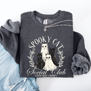 Spooky Cat Social Club Halloween Ghosts Witch Cozy Fleece Printed Graphic Premium Comfort Edition Sweatshirt — view 2