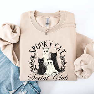 Spooky Cat Social Club Halloween Ghosts Witch Cozy Fleece Printed Graphic Premium Comfort Edition Sweatshirt — view 3