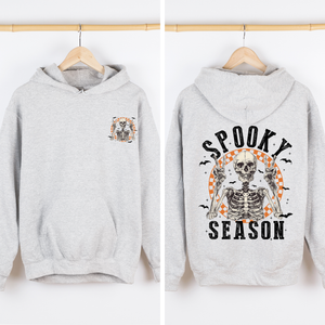 Spooky Season Front And Back Skeleton With Ghosts And Witch Motifs Halloween Themed Hoodie — view 2