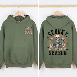 Spooky Season Front And Back Skeleton With Ghosts And Witch Motifs Halloween Themed Hoodie — view 3