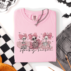 Spooky Season Skeletons Coquette Ribbon Bows Halloween Graphic Comfort Colors Tee — view 1