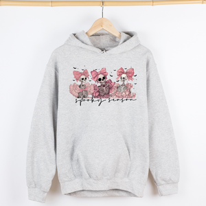 Spooky Season Pink Skeletons Cute Coquette Ribbon Bows Halloween Graphic Hooded Sweatshirt — view 2