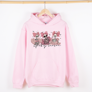 Spooky Season Pink Skeletons Cute Coquette Ribbon Bows Halloween Graphic Hooded Sweatshirt — view 1