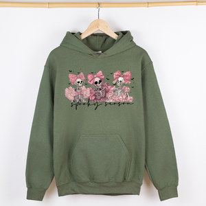 Spooky Season Pink Skeletons Cute Coquette Ribbon Bows Halloween Graphic Hooded Sweatshirt — view 5