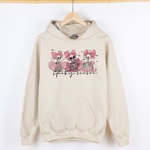 Spooky Season Pink Skeletons Cute Coquette Ribbon Bows Halloween Graphic Hooded Sweatshirt — view 4