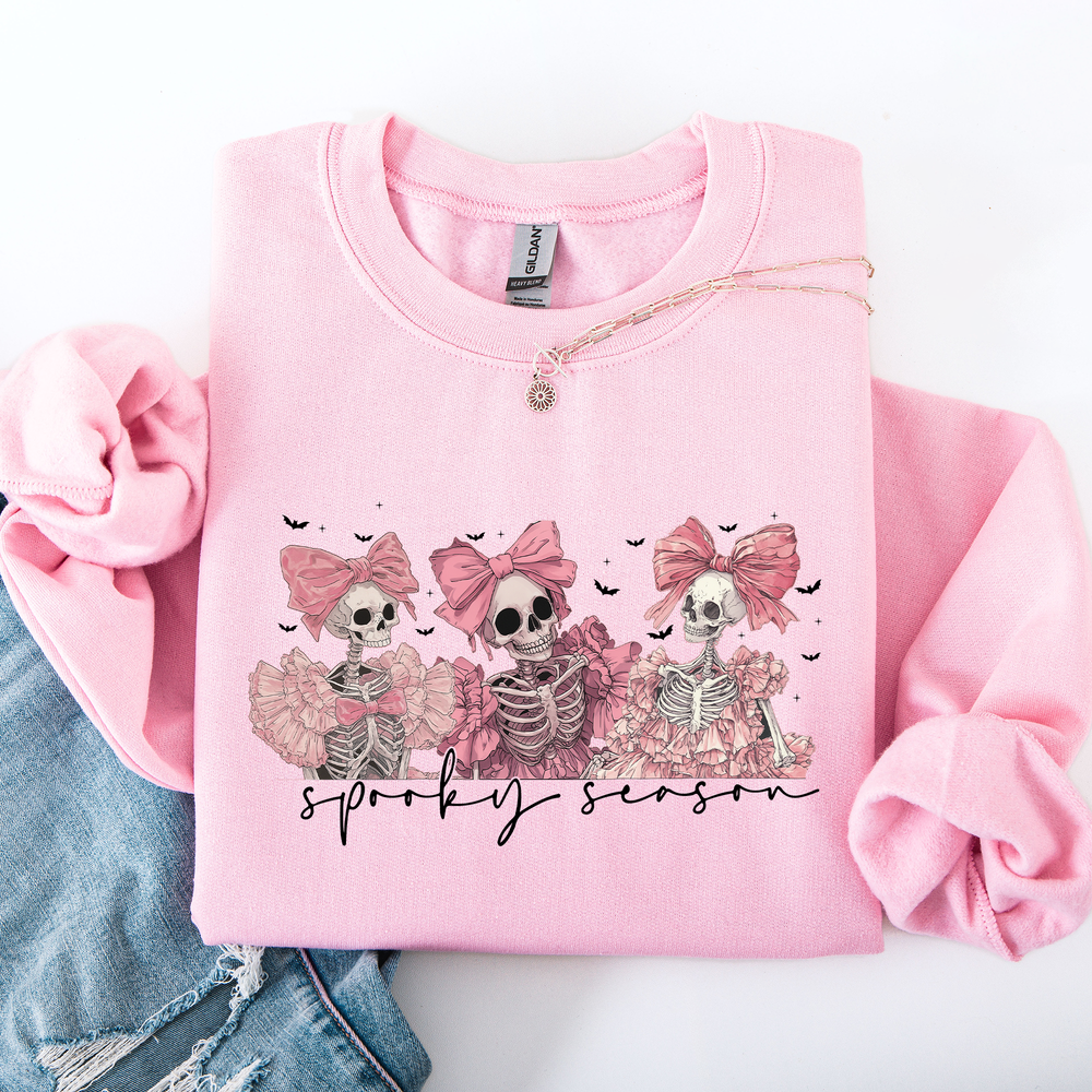 Spooky Season Pink Skeletons Coquette Ribbon Bows Halloween Gothic Whimsy Sweatshirt