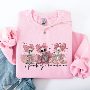 Spooky Season Pink Skeletons Coquette Ribbon Bows Halloween Gothic Whimsy Sweatshirt — view 1