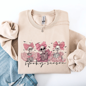 Spooky Season Pink Skeletons Coquette Ribbon Bows Halloween Gothic Whimsy Sweatshirt — view 2