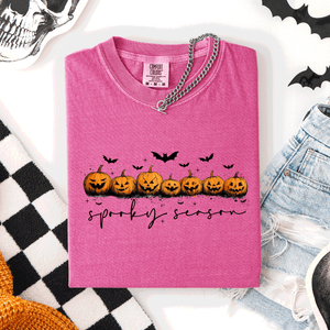 Spooky Season Pumpkins Halloween Pink Skeletons With Bow Adornments Comfort Colors Tee — view 7