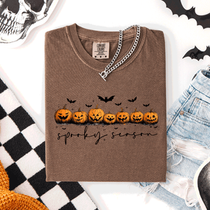 Spooky Season Pumpkins Halloween Pink Skeletons With Bow Adornments Comfort Colors Tee — view 3