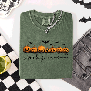 Spooky Season Pumpkins Halloween Pink Skeletons With Bow Adornments Comfort Colors Tee — view 2