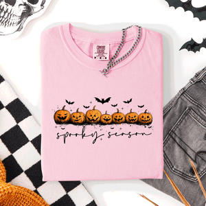 Spooky Season Pumpkins Halloween Pink Skeletons With Bow Adornments Comfort Colors Tee — view 9