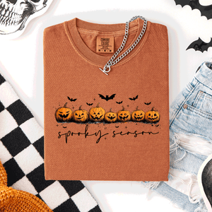 Spooky Season Pumpkins Halloween Pink Skeletons With Bow Adornments Comfort Colors Tee — view 5