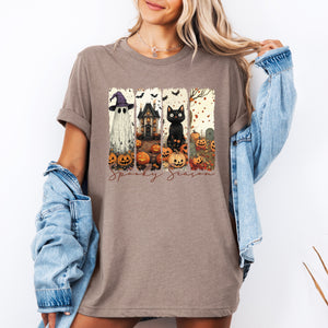 Spooky Season Stripes Halloween Cats Ghosts Pumpkins Autumn Whimsical Graphic Tee — view 4
