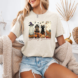 Spooky Season Stripes Halloween Cats Ghosts Pumpkins Autumn Whimsical Graphic Tee — view 3