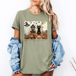 Spooky Season Stripes Halloween Cats Ghosts Pumpkins Autumn Whimsical Graphic Tee — view 2