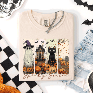 Spooky Season Stripes Halloween Cat Ghost Pumpkins Autumn Fall Comfort Colors Tee — view 4