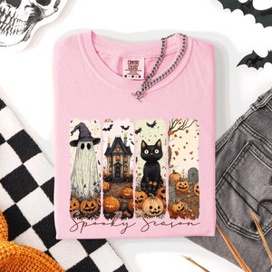 Spooky Season Stripes Halloween Cat Ghost Pumpkins Autumn Fall Comfort Colors Tee — view 7