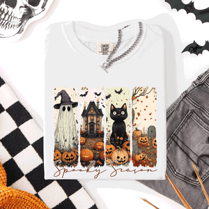 Spooky Season Stripes Halloween Cat Ghost Pumpkins Autumn Fall Comfort Colors Tee — view 8