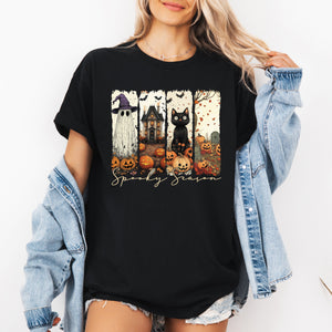 Spooky Season Stripes Halloween Cats Ghosts Pumpkins Autumn Whimsical Graphic Tee — view 1