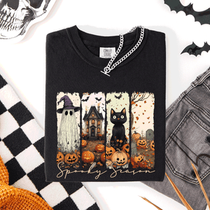 Spooky Season Stripes Halloween Cat Ghost Pumpkins Autumn Fall Comfort Colors Tee — view 6