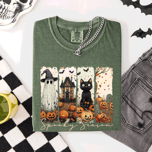 Spooky Season Stripes Halloween Cat Ghost Pumpkins Autumn Fall Comfort Colors Tee — view 2