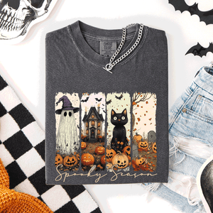 Spooky Season Stripes Halloween Cat Ghost Pumpkins Autumn Fall Comfort Colors Tee — view 3