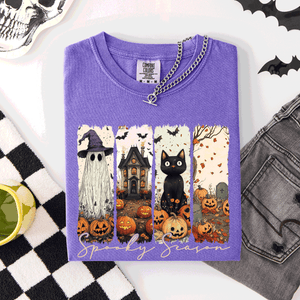 Spooky Season Stripes Halloween Cat Ghost Pumpkins Autumn Fall Comfort Colors Tee — view 10