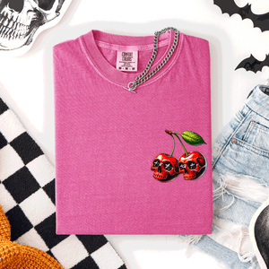 Spooky Skull Cherries Halloween Skeleton Stars Whimsical Night Sky Comfort Colors Tee — view 3