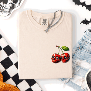 Spooky Skull Cherries Halloween Skeleton Stars Whimsical Night Sky Comfort Colors Tee — view 5