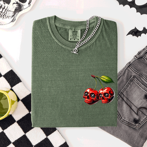 Spooky Skull Cherries Halloween Skeleton Stars Whimsical Night Sky Comfort Colors Tee — view 1