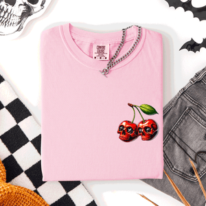 Spooky Skull Cherries Halloween Skeleton Stars Whimsical Night Sky Comfort Colors Tee — view 7